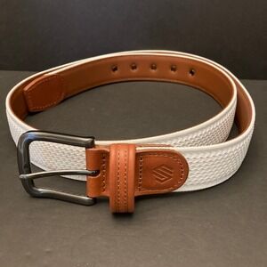 Johnston & Murphy Mens Belt 40" 1-3/8" White Fabric Mesh Brown Leather 75-8603